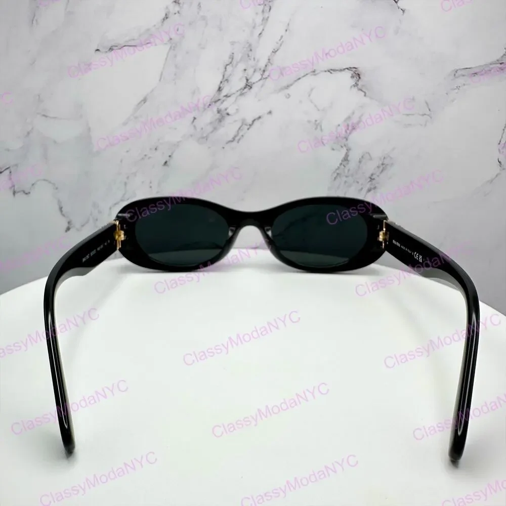 New MIU MIU Sunglasses Black Acetate Oval Gold Metal Logo Authentic Italy